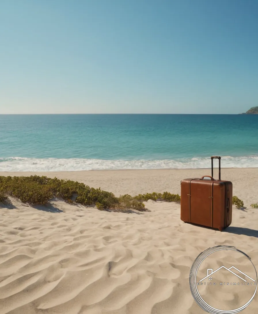A serene beach scene with minimal luggage and clear skies.