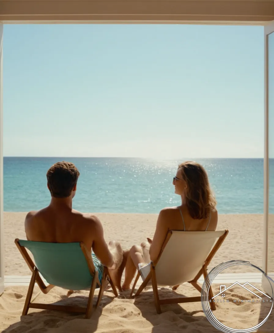 A happy couple relaxing on a serene beach in simplicity.