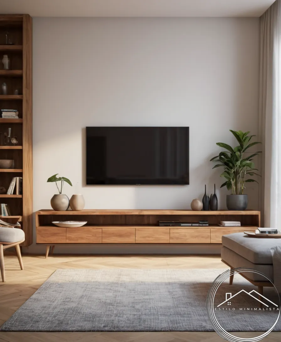 A modern living room with minimalist wooden furniture.