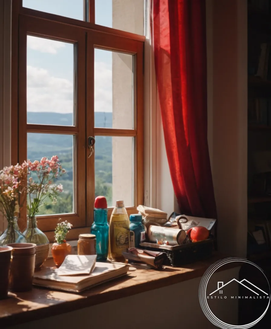 3-4 cluttered items near an open window or door.