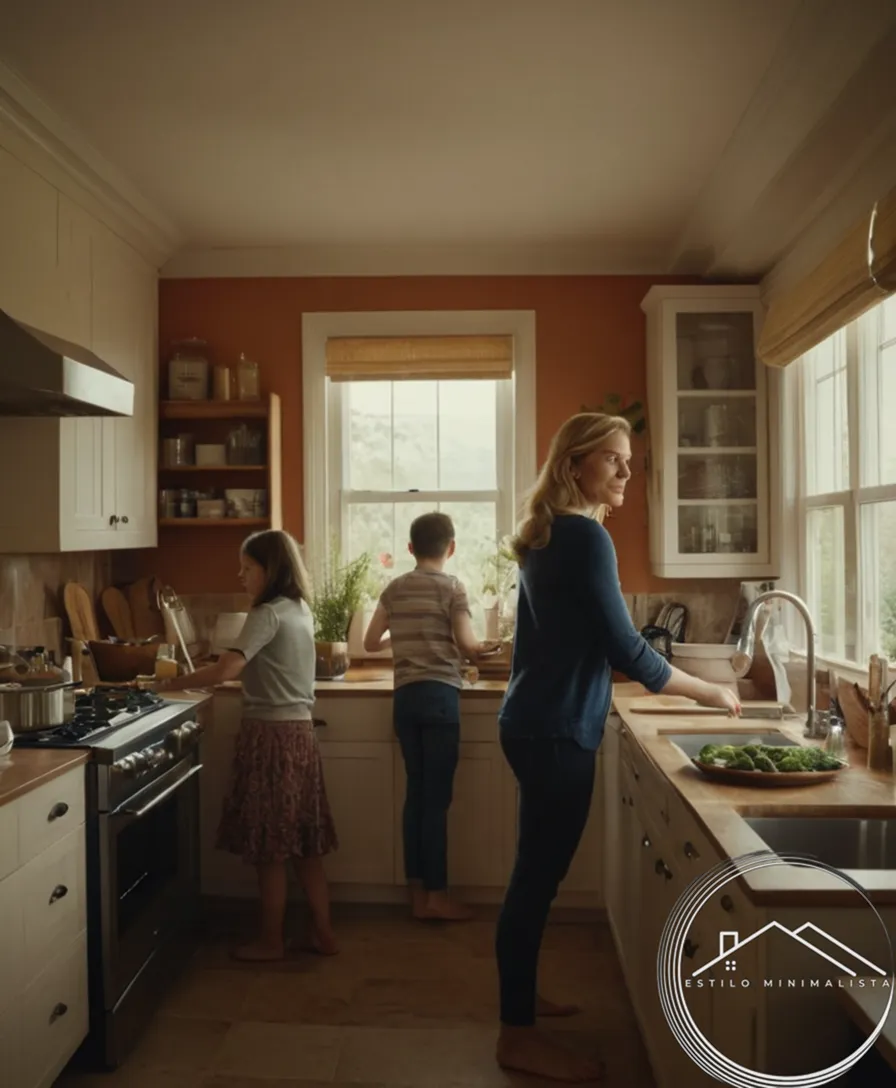 A tidy, organized home scene with family members helping.