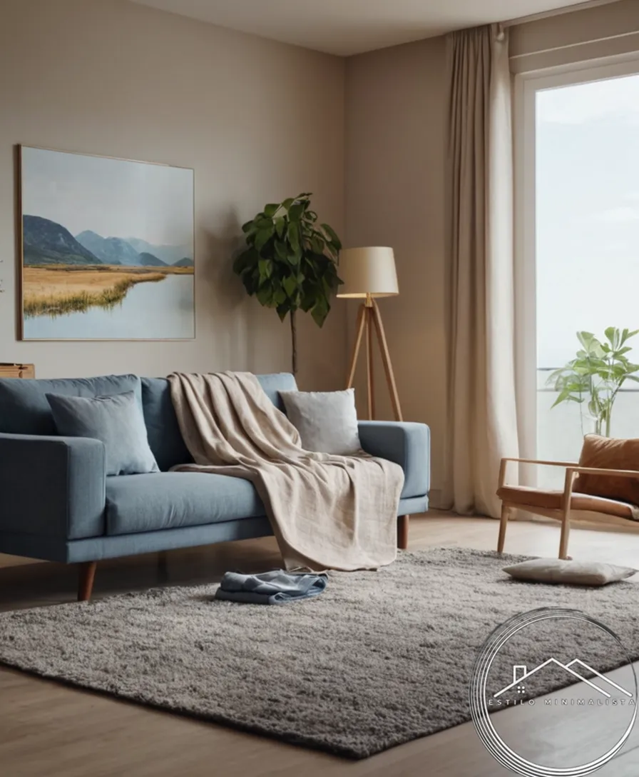 A tidy living room with neatly folded clothes.