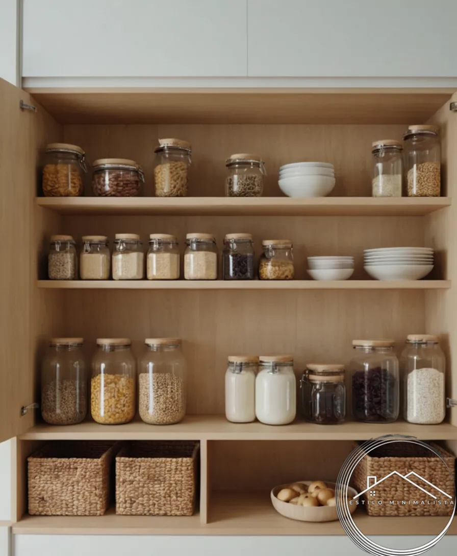 A minimalist kitchen or pantry with organized storage solutions.
