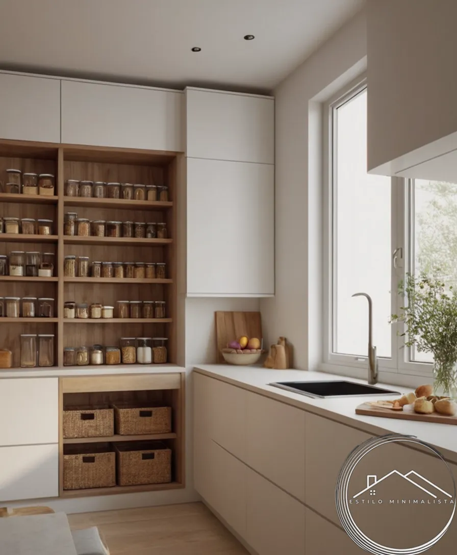 A tidy minimalist pantry to evoke organization inspiration.