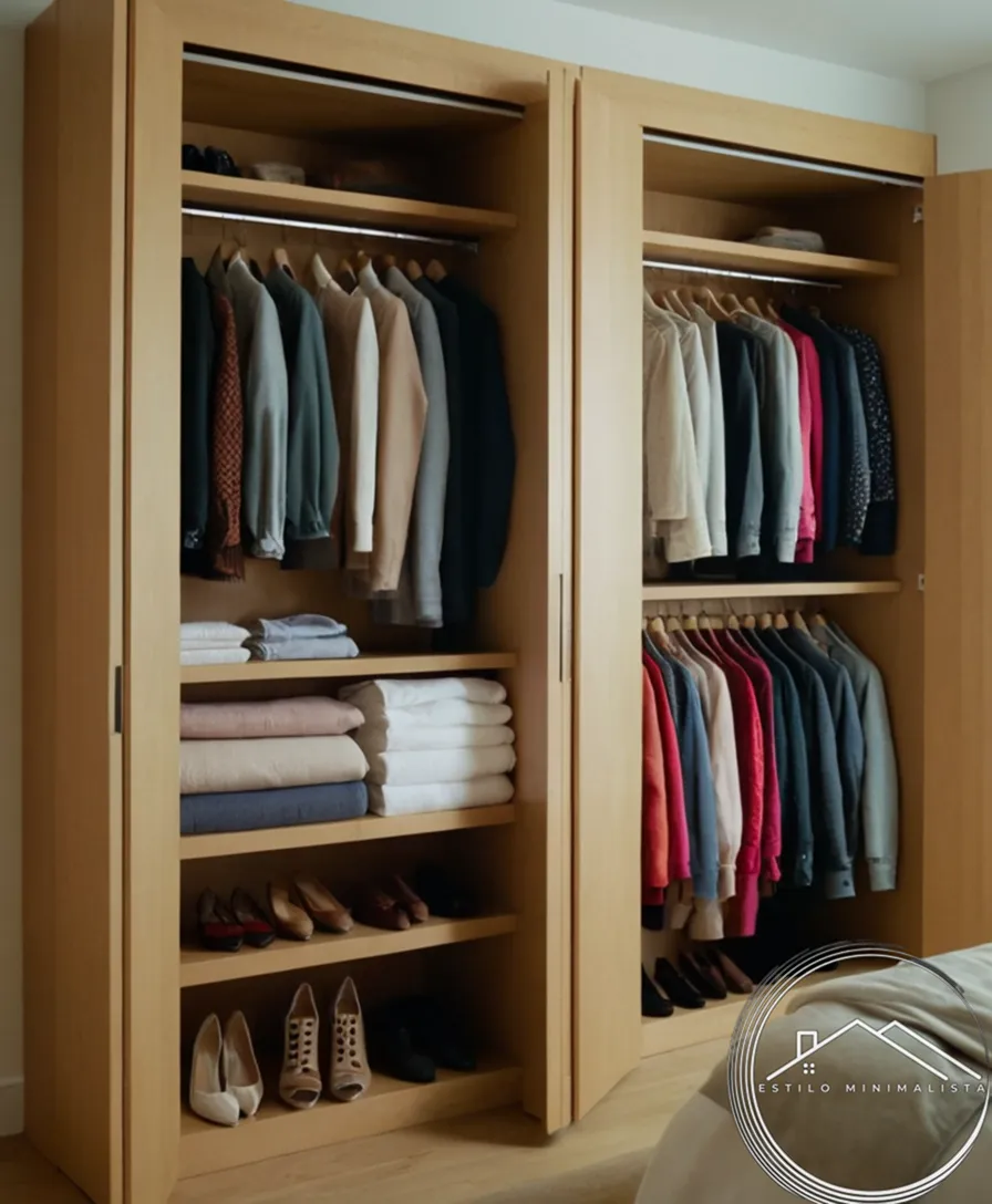 A crowded closet with eco-friendly fashion folded neatly nearby.