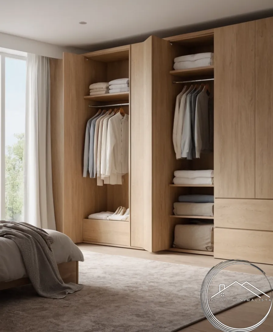 A minimalist bedroom closet with few, neatly folded clothes.