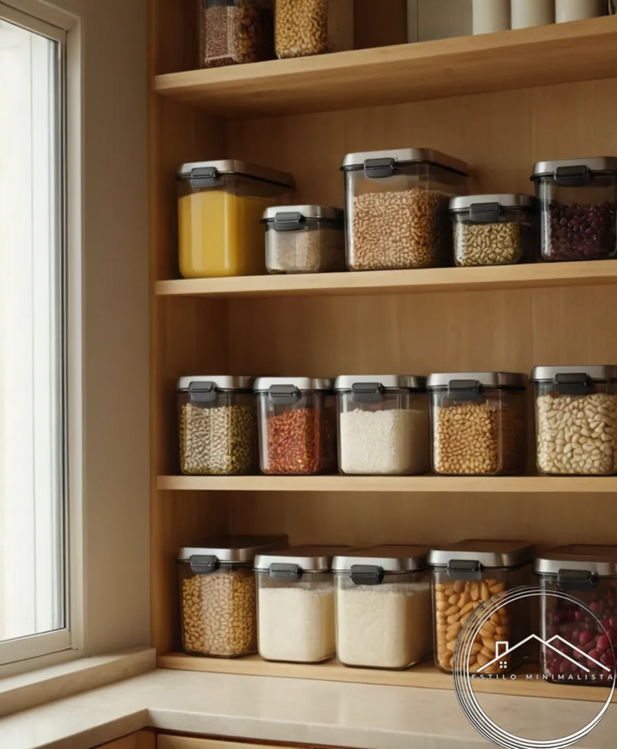 A tidy kitchen or storage area with neatly stacked containers.
