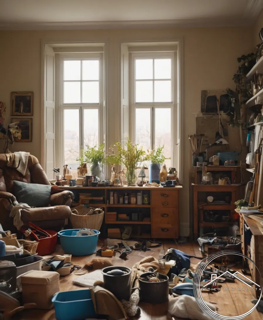 A cluttered living space amidst cleaning and organizing tools.