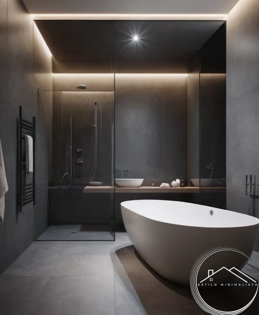 A serene grey bathroom with soothing lighting.