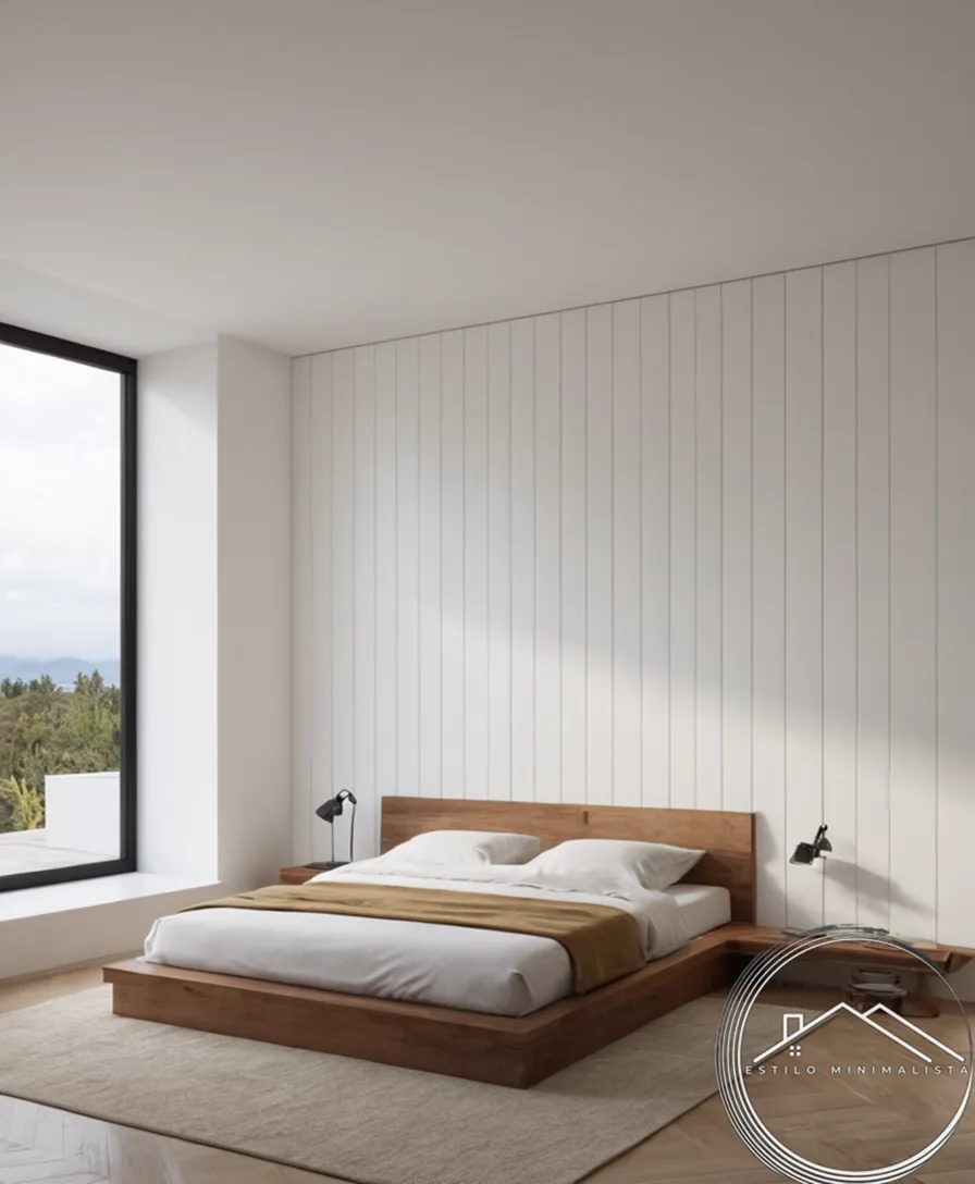 A minimalist room with a white wooden wall as focal point.