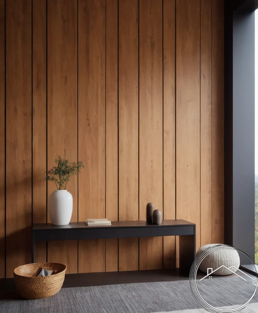 A minimalist wooden wall in a small, modern interior space.