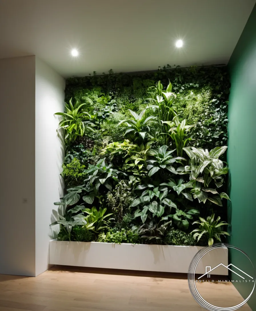 4-6 low-maintenance plants in modern minimalist green walls space.