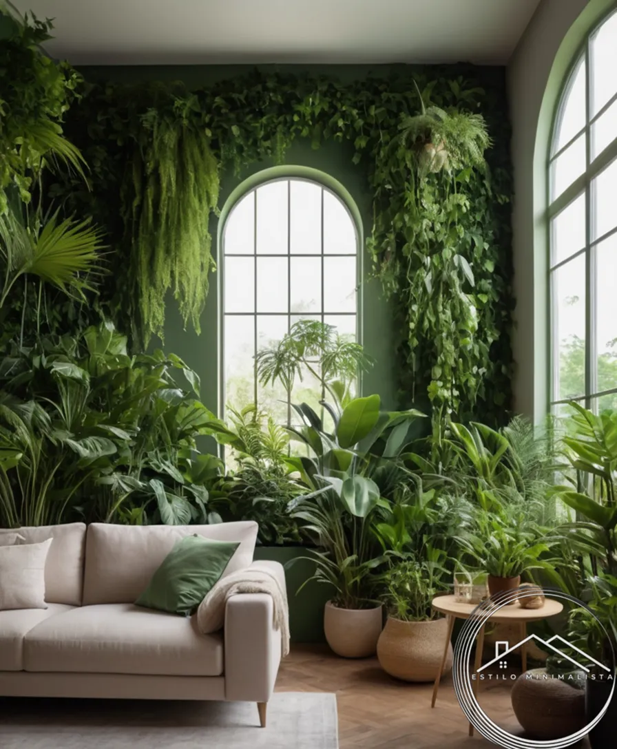 Minimalist green walls accentuated with plants and natural decor.