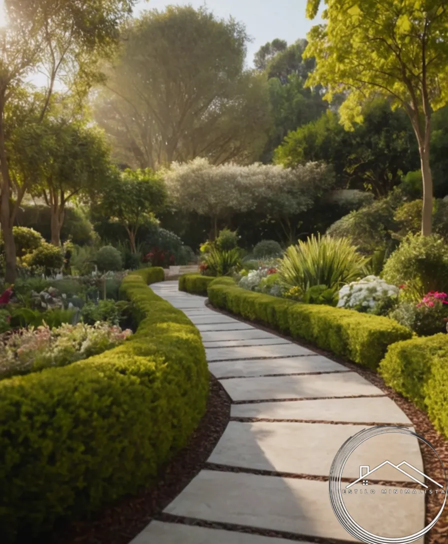 A simple minimalist path in a serene, picturesque garden setting.