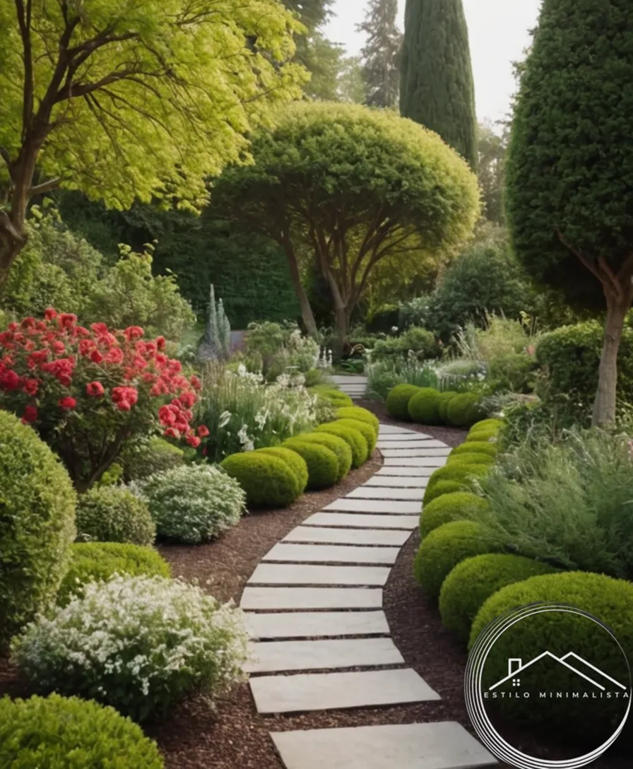 A serene garden path with minimalist landscape design elements.