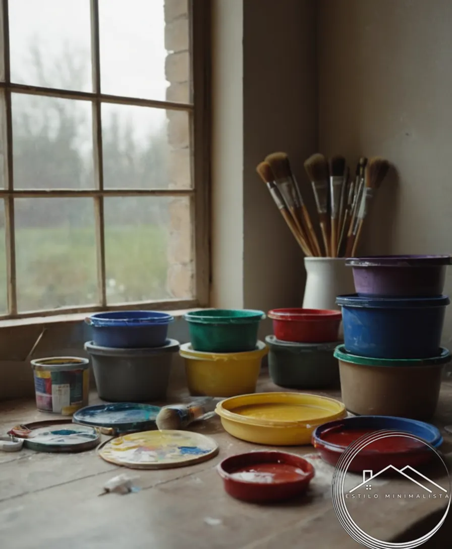 4 empty plastic pots with painting supplies nearby.