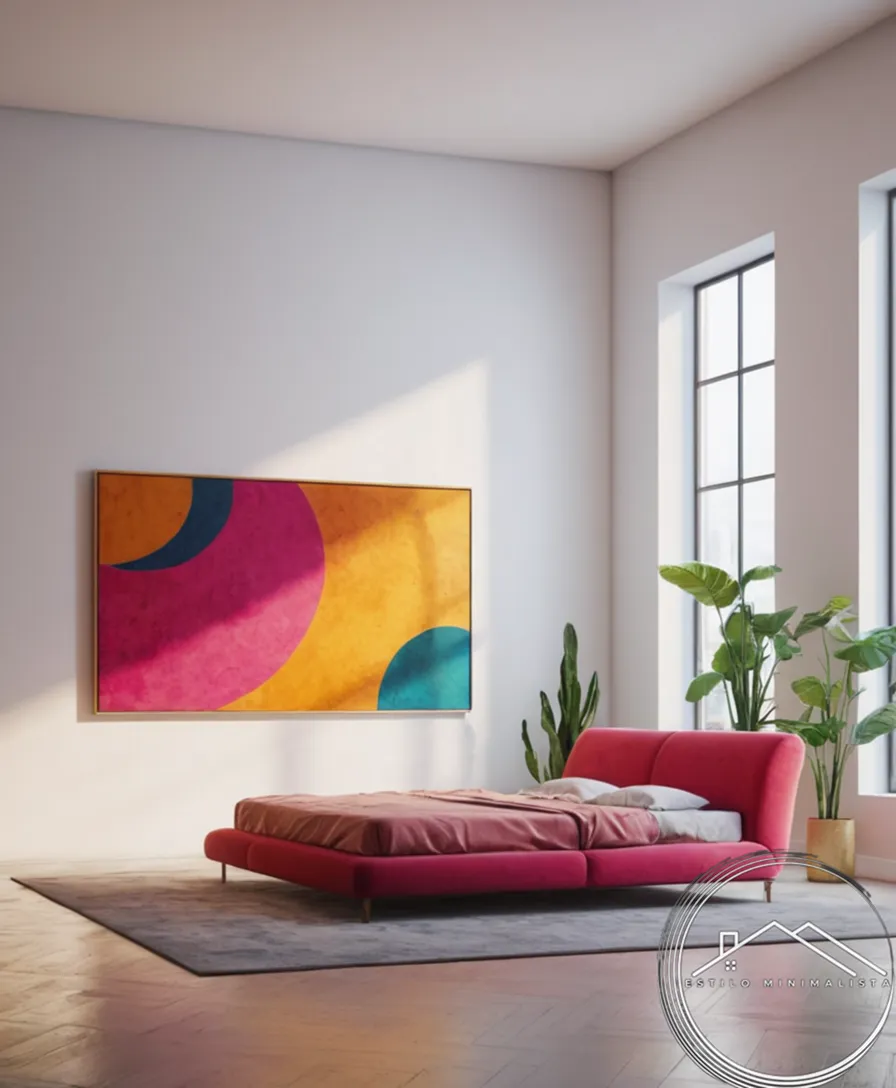 A minimalist room with a vibrant, colorful art piece installation.