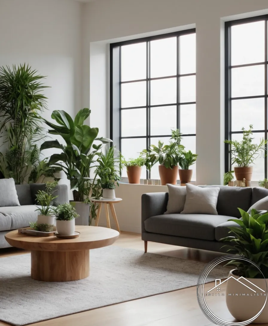 A minimalist living room with potted plants and a sleek aesthetic.