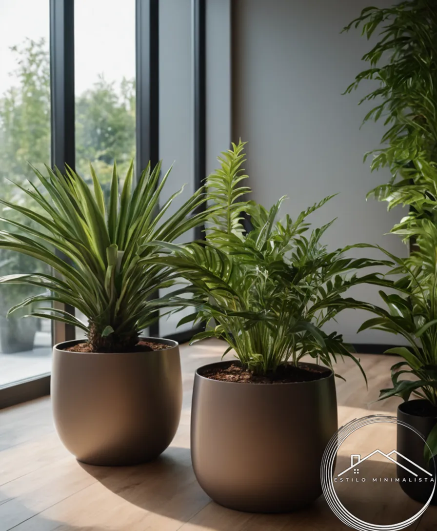 2-3 soothing, low-light tolerant plants in a modern interior setting.