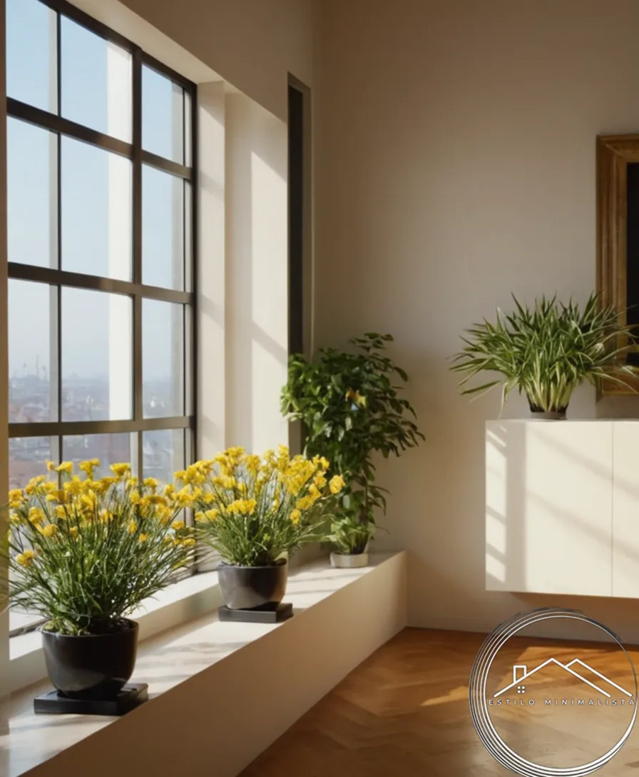 2-3 simple, blooming plants in a modern interior space.