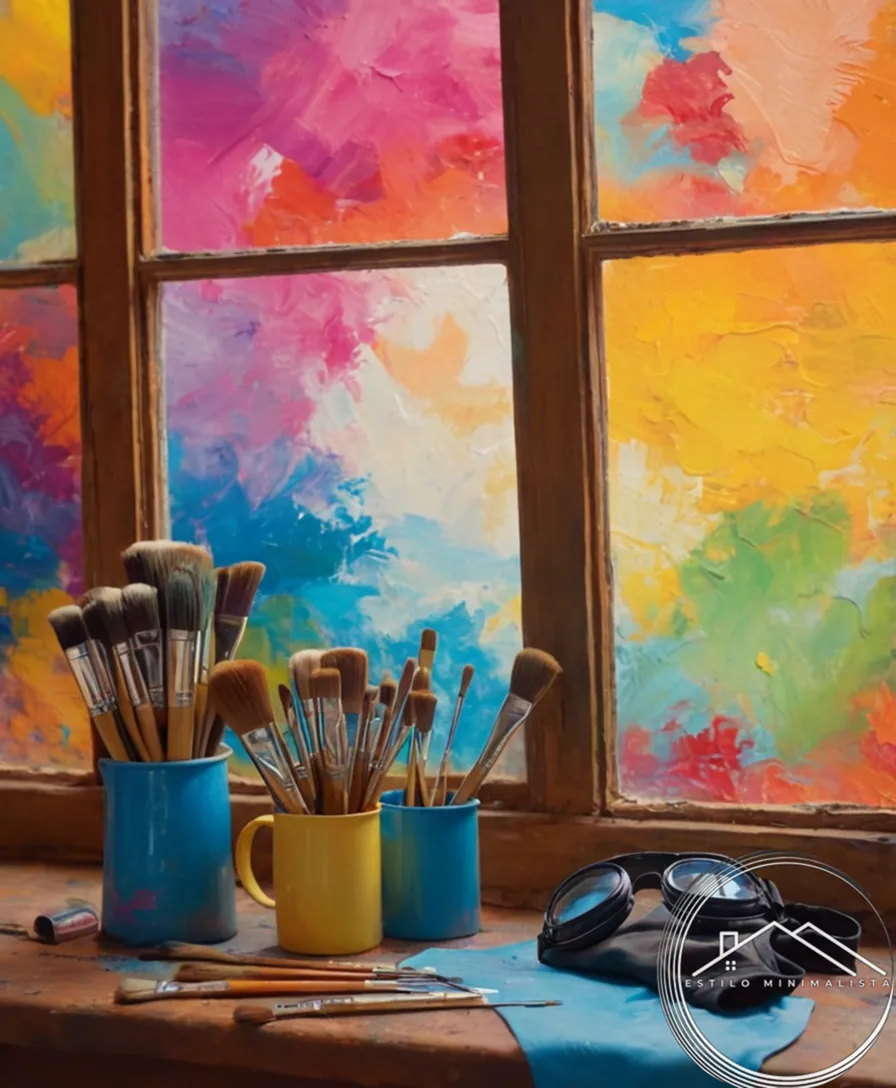 4 paintbrushes, gloves, and goggles against a colorful painting background.