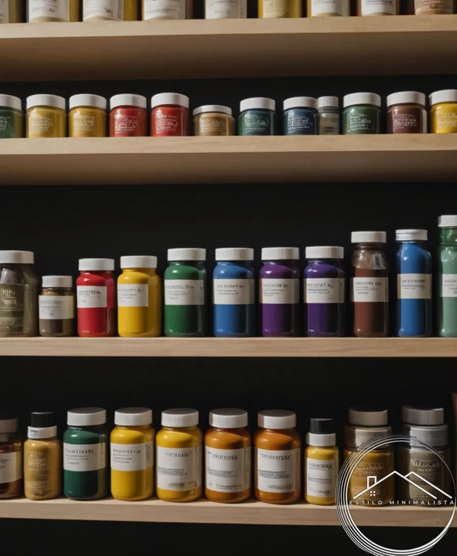Eco-friendly paint containers and brushes arranged safely on shelves.