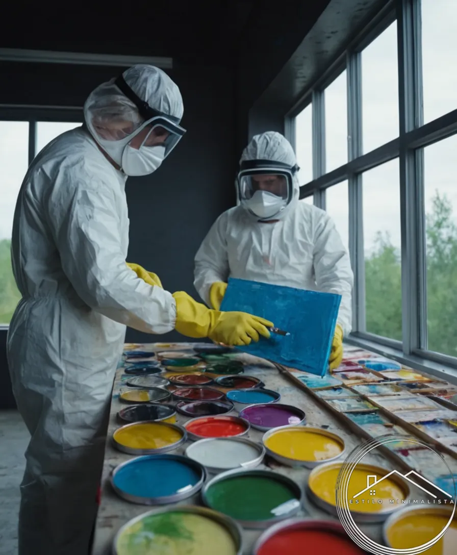 2 artists painting with eco-friendly paint and safety gear.