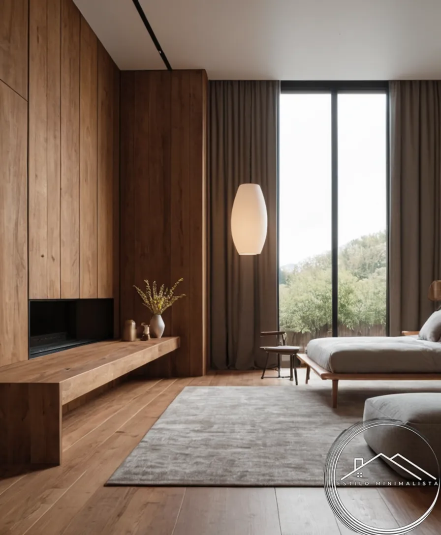 A minimalist room design with wooden wall features and tidy decor.