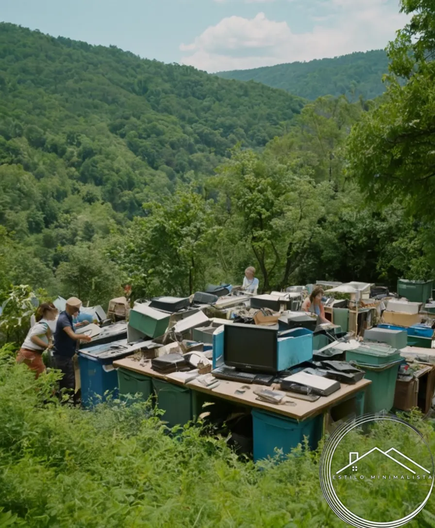 Local electronics recycling facilities with happy people surrounded by greenery.