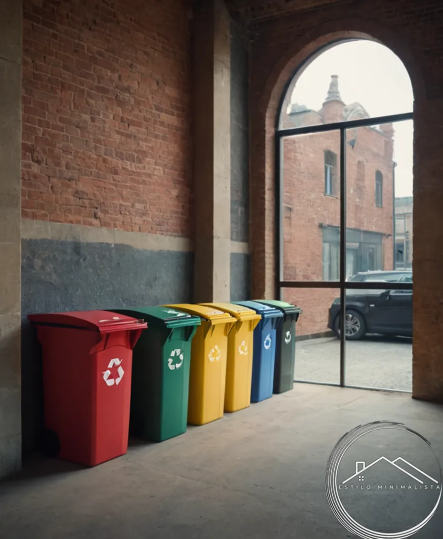 5-6 colorful recycling bins, paper products being transformed and reused.
