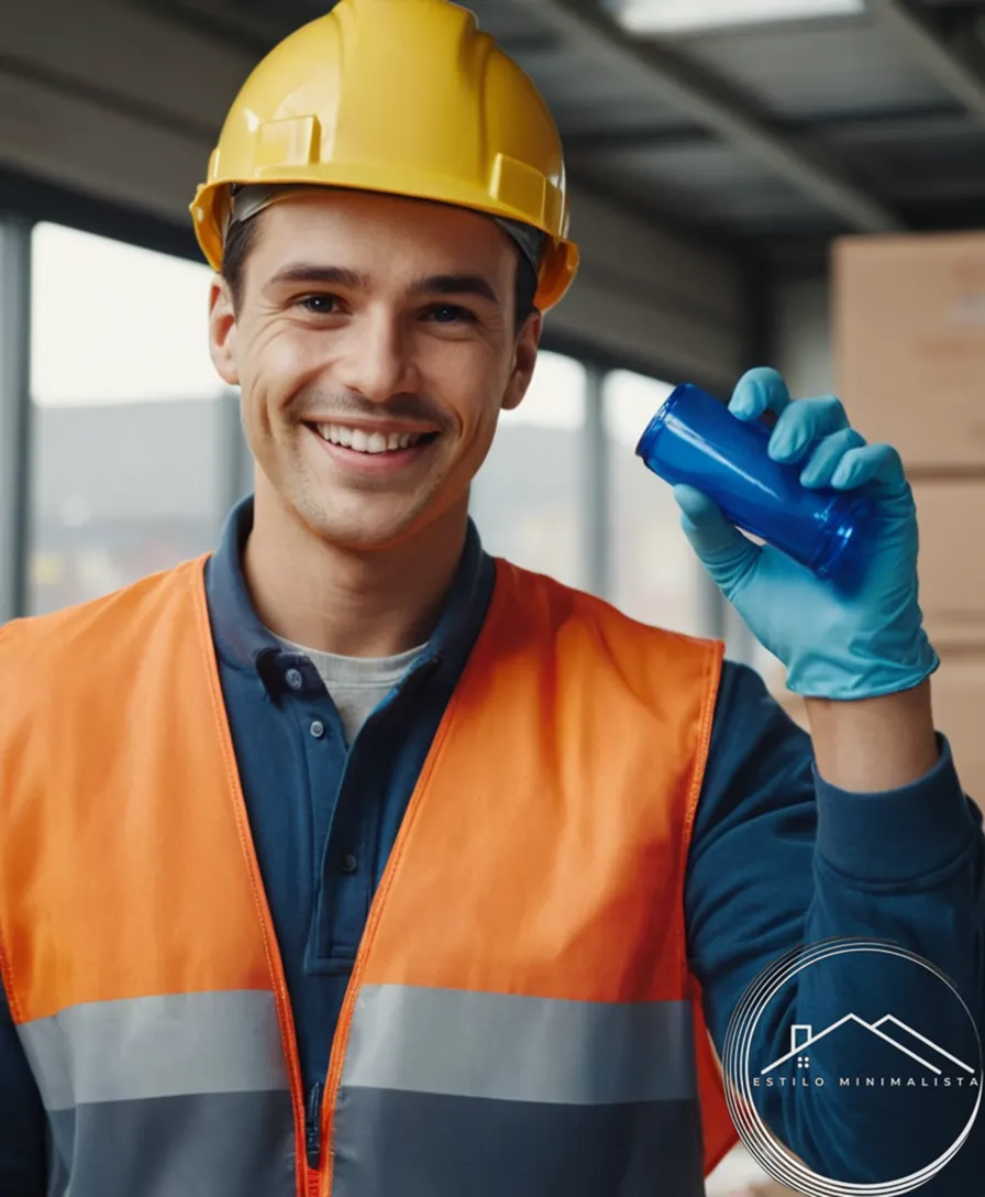 A smiling recycling worker holding up a plastic item.