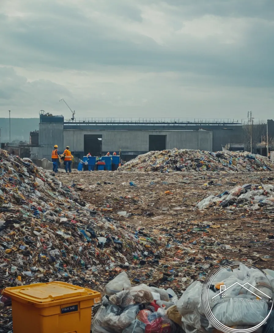 A city recycling center or workers collecting plastic.