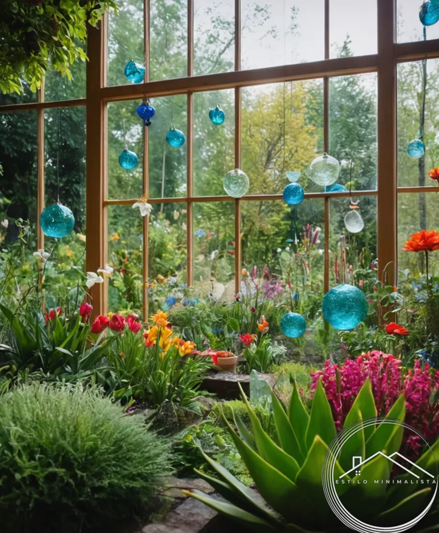 A beautifully designed, vibrant garden surrounded by recycled glass decorations.