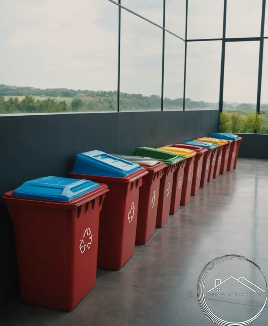 Recycling bins or eco-friendly waste sorting in front.