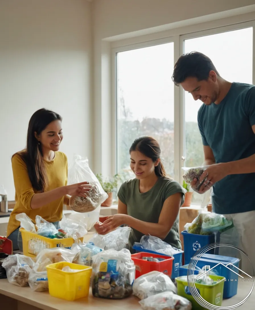 3 people sorting recyclable plastic items at home happily.