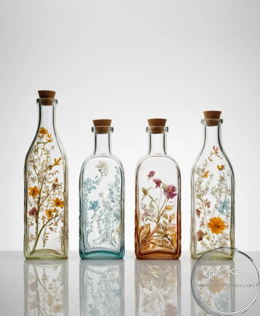 3 differently decorated empty glass bottles on a white background.
