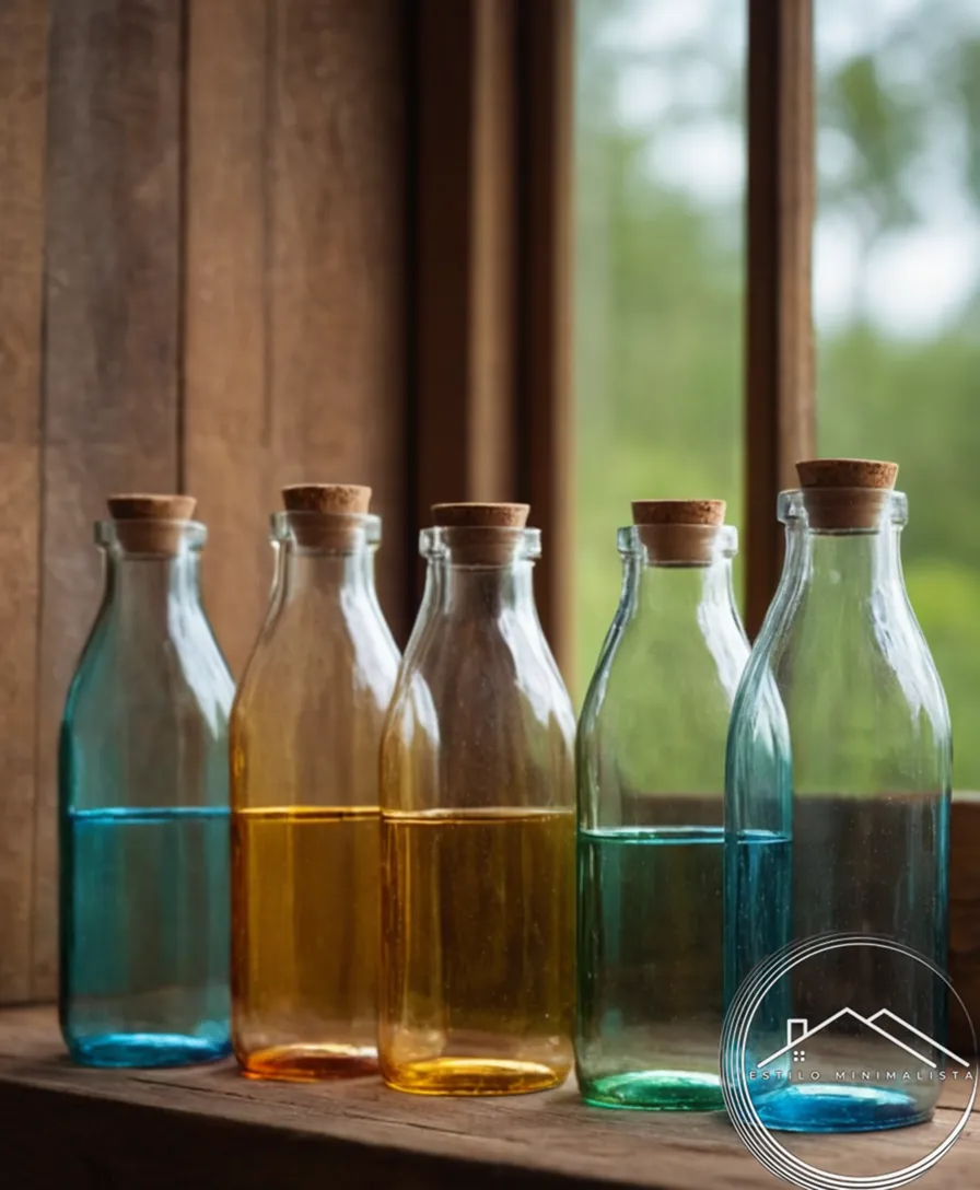 3 transformed glass bottles on a minimalist wooden background.