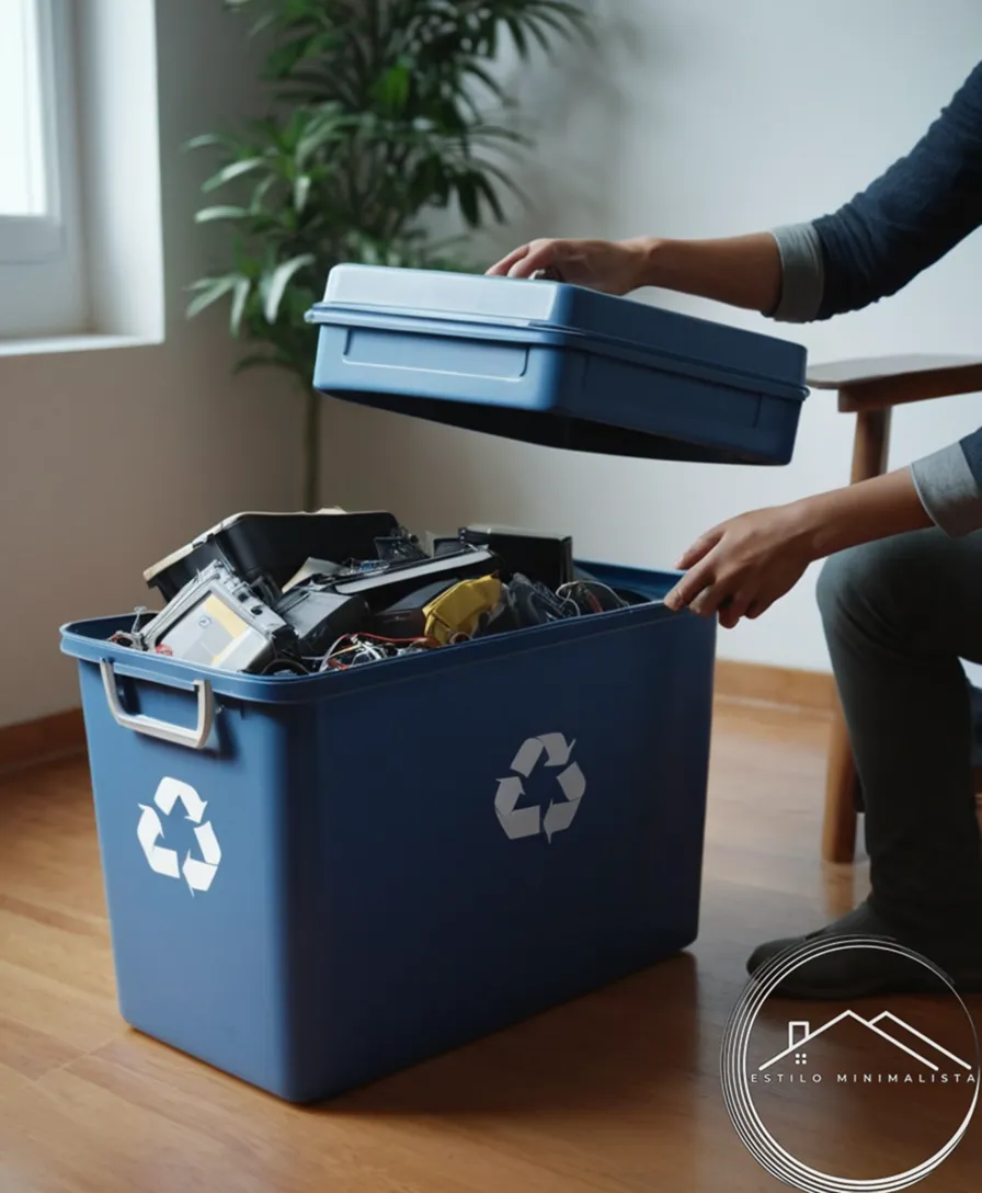 A person holding an e-waste collection bin at home.