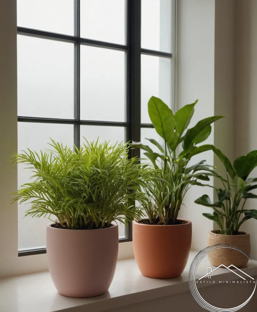 Small potted plants on minimalist surfaces.