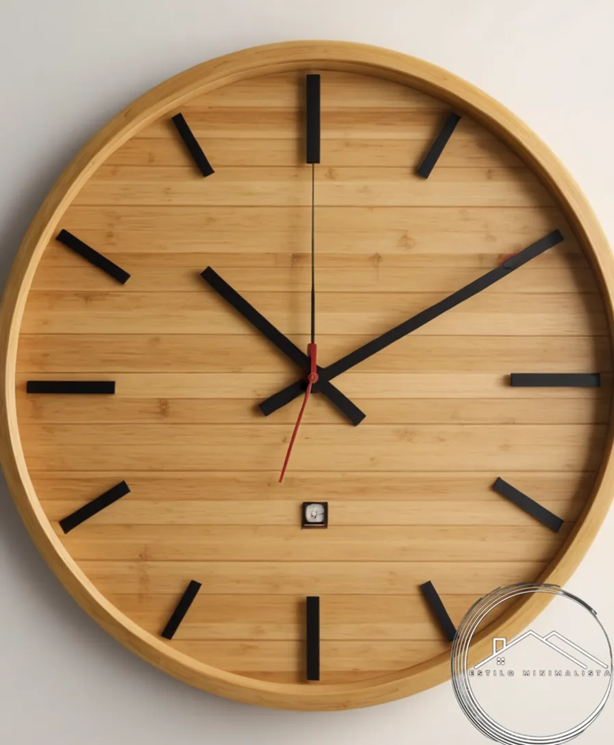 A minimalist bamboo wall clock on a plain background.