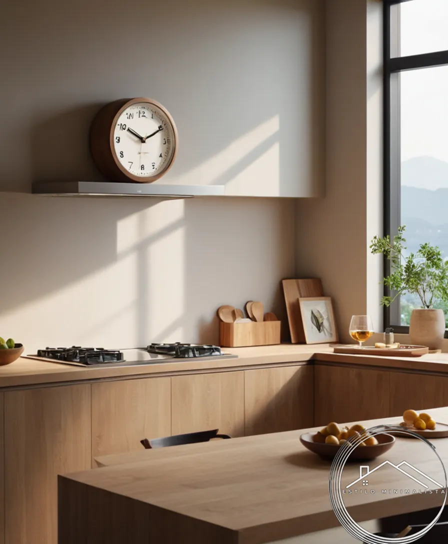 3 stylish Japanese minimalist clocks in modern kitchen settings.