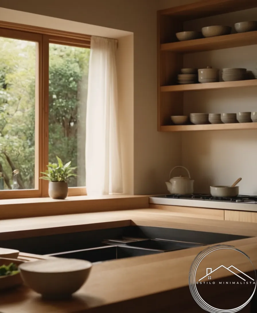 A serene Japanese kitchen scene with minimalist design elements.