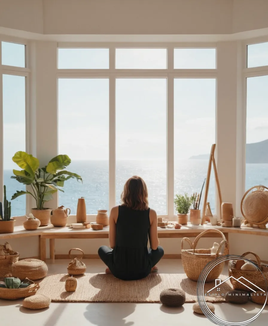 A person surrounded by minimalistic objects, with a peaceful expression.