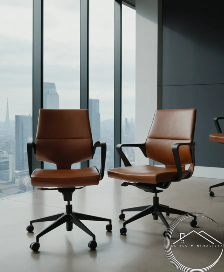 3 minimalist leather office chairs on a modern, empty background.