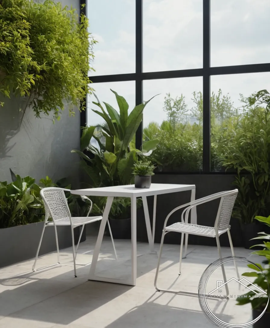A minimalist garden set up with aluminium furniture and plants.