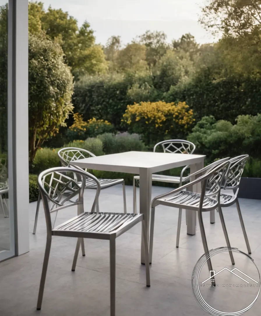 3 minimalist aluminum chairs on a garden patio.