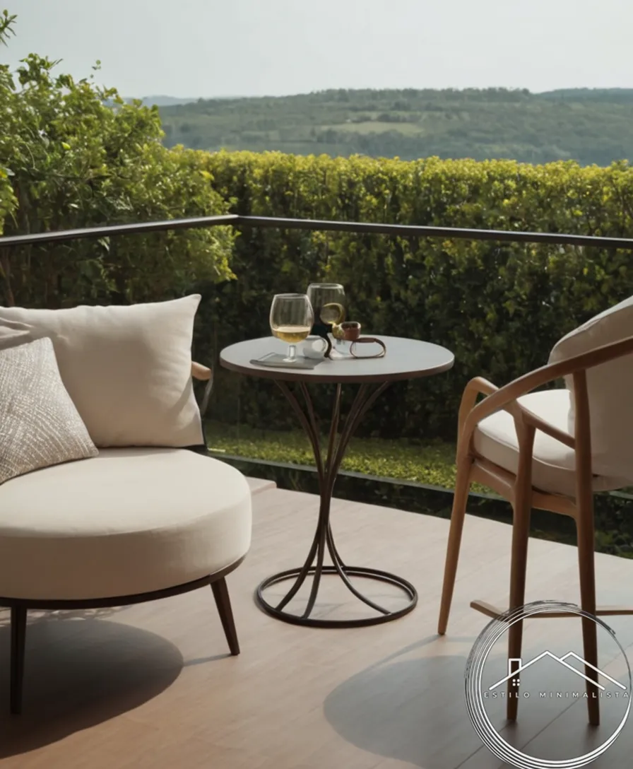 A minimalist balcony setting with comfortable, stylish seats prominently displayed.