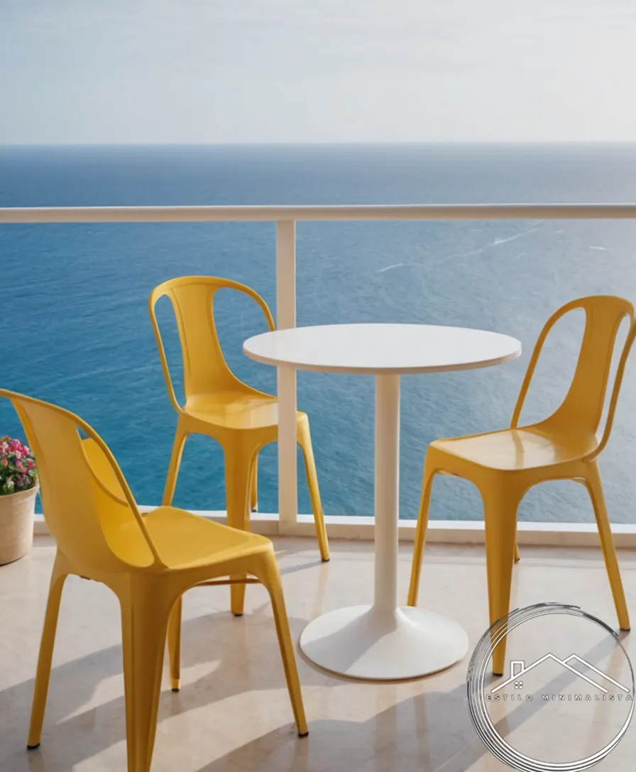 3 minimalist plastic chairs on a balcony with ocean view.