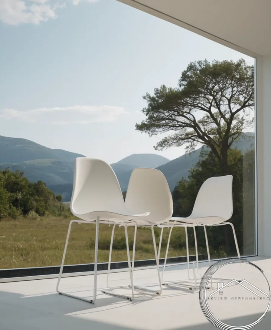 3 minimalist white chairs in various natural surroundings.