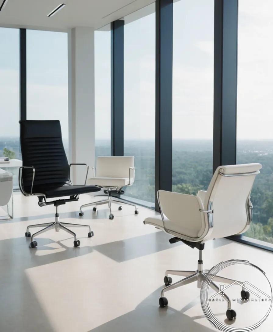 Sleek, white minimalist office chairs in a natural setting.
